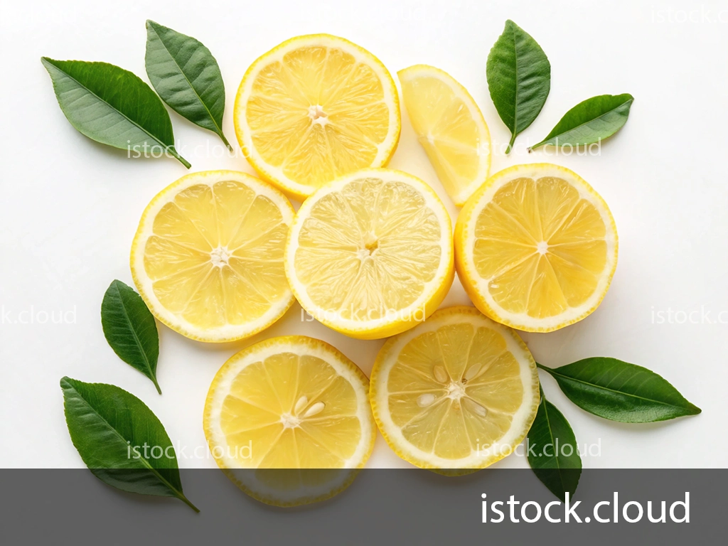 A top view of fresh lemon slices arranged neatly with green leaves on a white background.