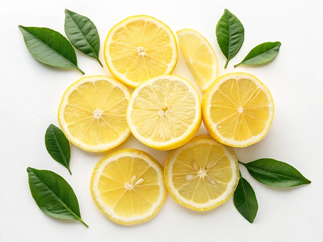 A top view of fresh lemon slices arranged neatly with green leaves on a white background.