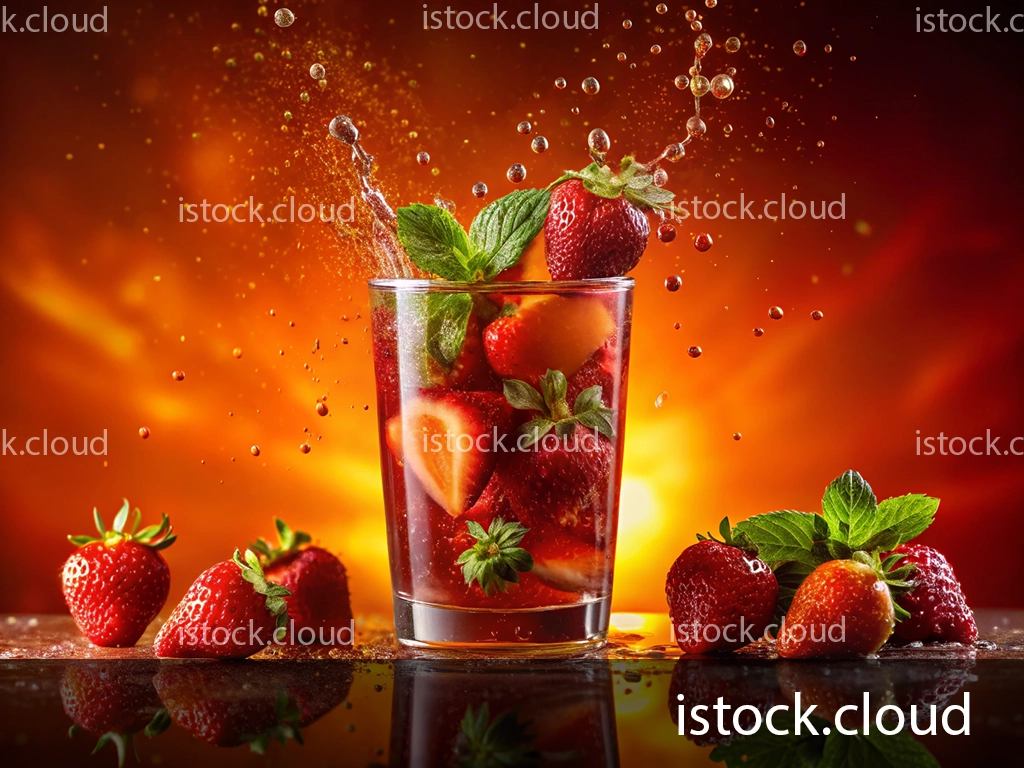 A vibrant glass filled with fresh strawberries and mint leaves, splashing water droplets against a fiery orange background, with additional strawberries scattered around.