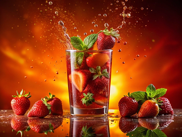 A vibrant glass filled with fresh strawberries and mint leaves, splashing water droplets against a fiery orange background, with additional strawberries scattered around.