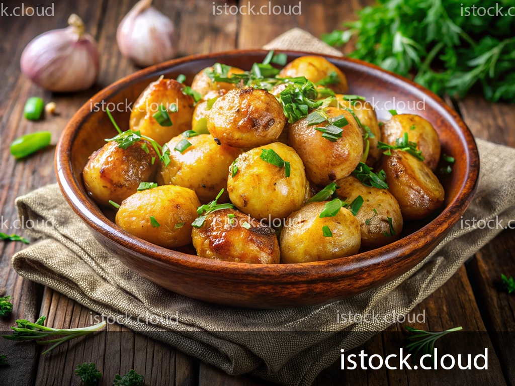 A bowl of golden-brown baby potatoes garnished with fresh herbs, sitting on a wooden table with garlic and green vegetables in the background.