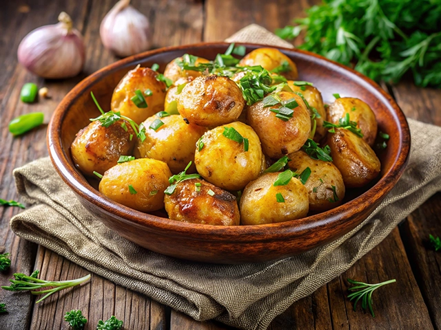 A bowl of golden-brown baby potatoes garnished with fresh herbs, sitting on a wooden table with garlic and green vegetables in the background.