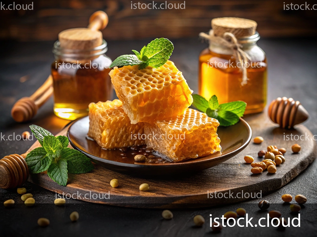 A rustic display featuring honeycomb pieces on a dark wooden plate, garnished with fresh mint leaves. Two jars of honey and a honey dipper are artfully arranged in the background alongside scattered nuts and seeds.