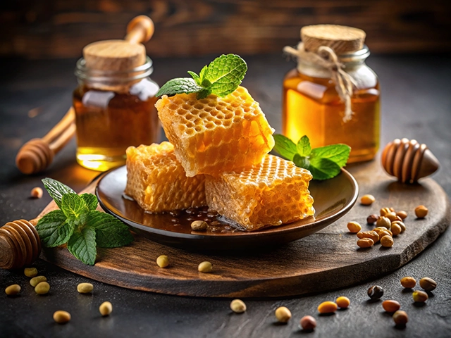 A rustic display featuring honeycomb pieces on a dark wooden plate, garnished with fresh mint leaves. Two jars of honey and a honey dipper are artfully arranged in the background alongside scattered nuts and seeds.