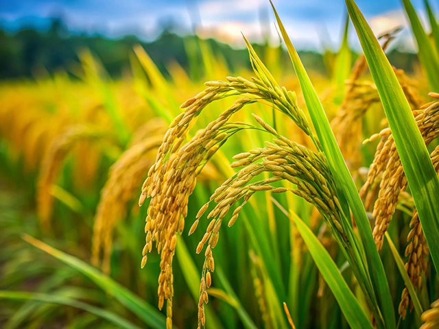 Close-up of golden paddy grains hanging from green stalks in a field, with a blurred background of vibrant green and yellow paddy plants under a cloudy sky.