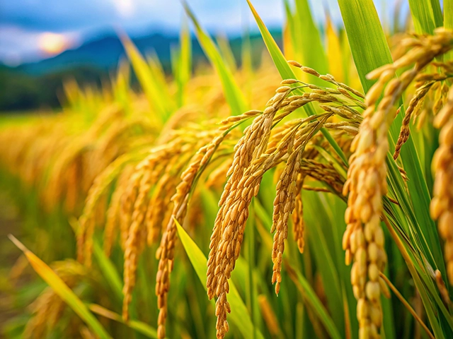 Close-up of ripe rice grains hanging from vibrant green stalks in a field, with a blurred background of scenic mountains and a colorful sky.