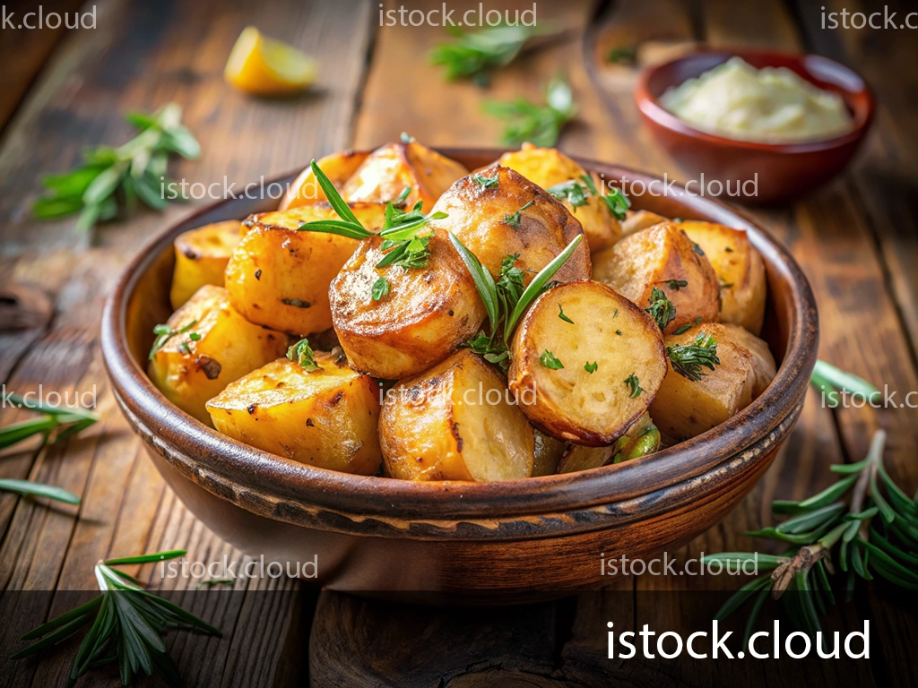 A rustic bowl filled with golden roasted potatoes, garnished with fresh herbs. The potatoes are cut into large chunks and have a crispy exterior. In the background, there’s a small bowl of creamy sauce and a few lemon wedges, with sprigs of rosemary scattered on a wooden table.