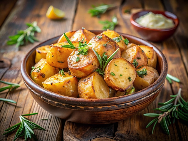 A rustic bowl filled with golden roasted potatoes, garnished with fresh herbs. The potatoes are cut into large chunks and have a crispy exterior. In the background, there’s a small bowl of creamy sauce and a few lemon wedges, with sprigs of rosemary scattered on a wooden table.