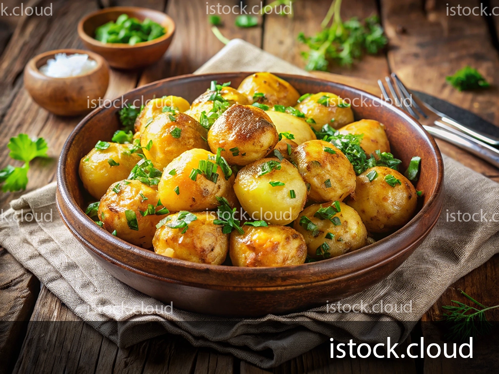 A rustic wooden bowl filled with golden roasted baby potatoes garnished with fresh herbs, placed on a folded linen napkin. Small bowls of salt and chopped green onions are visible in the background.