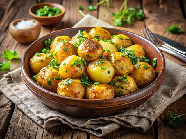 A rustic wooden bowl filled with golden roasted baby potatoes garnished with fresh herbs, placed on a folded linen napkin. Small bowls of salt and chopped green onions are visible in the background.
