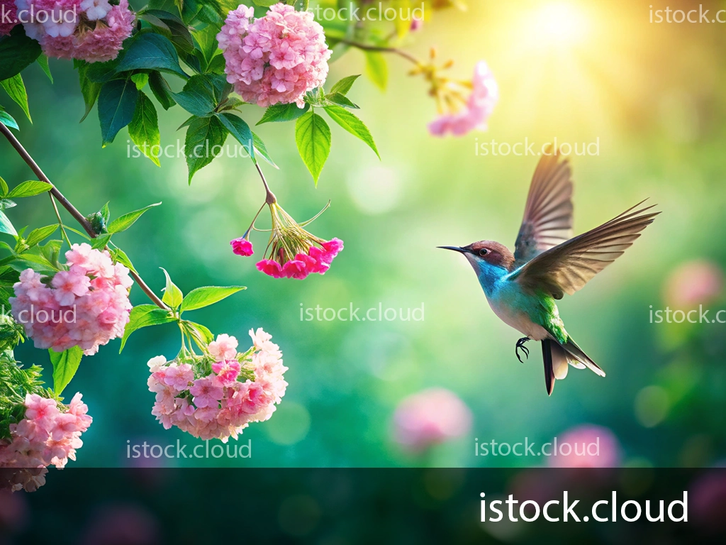 A vibrant hummingbird hovers near pink flowers, surrounded by lush green foliage and a softly blurred background of a sunny garden.