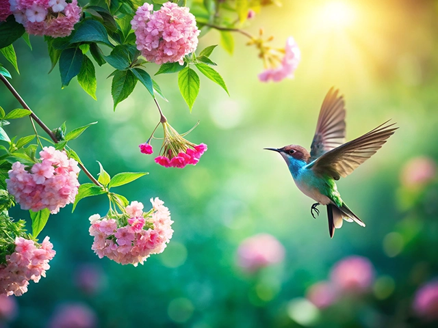 A vibrant hummingbird hovers near pink flowers, surrounded by lush green foliage and a softly blurred background of a sunny garden.