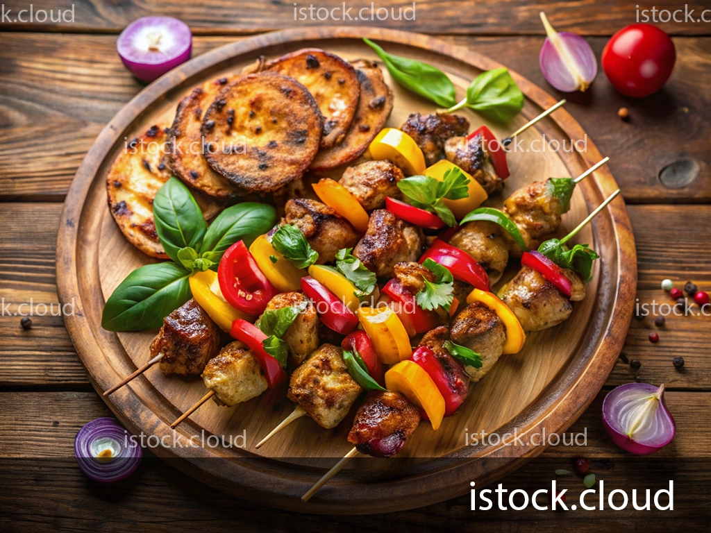 A wooden platter displaying grilled chicken skewers with bell peppers, cherry tomatoes, and fresh basil leaves, accompanied by toasted flatbreads.