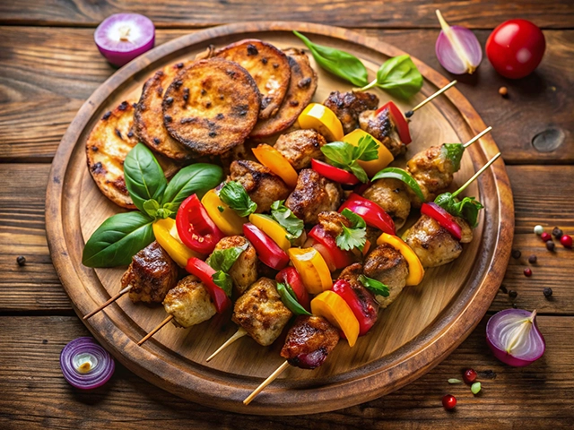A wooden platter displaying grilled chicken skewers with bell peppers, cherry tomatoes, and fresh basil leaves, accompanied by toasted flatbreads.