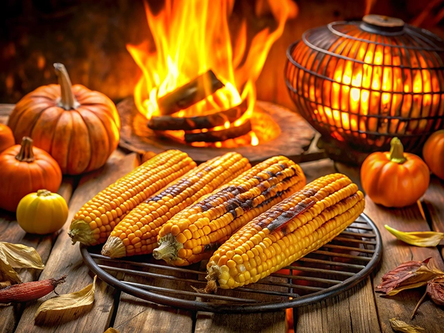 Four ears of grilled corn are displayed on a rack, surrounded by pumpkins and fall leaves, with a warm fire glowing in the background.