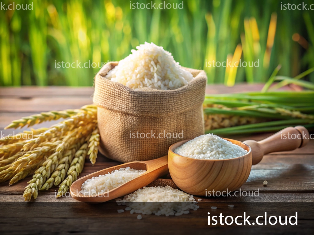 A burlap sack filled with rice sits next to a wooden spoon with rice, surrounded by wheat stalks against a background of green fields.