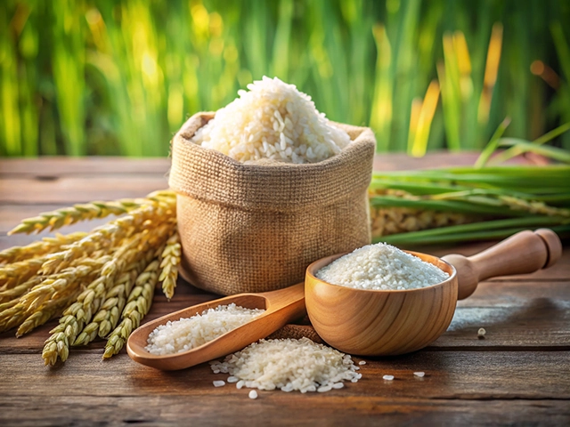 A burlap sack filled with rice sits next to a wooden spoon with rice, surrounded by wheat stalks against a background of green fields.