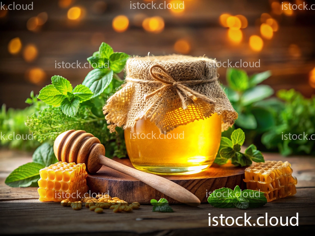 A jar of honey with a burlap cover, surrounded by fresh mint leaves, honeycomb pieces, and a wooden honey dipper on a wooden surface with blurred warm lights in the background.