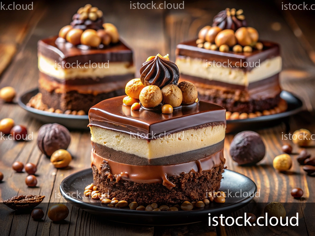 A close-up view of layered chocolate cake topped with chocolate ganache, caramel spheres, and decorative chocolate piping, surrounded by chocolate balls and nuts on a wooden table.