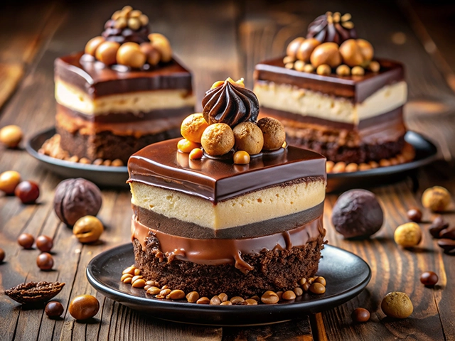 A close-up view of layered chocolate cake topped with chocolate ganache, caramel spheres, and decorative chocolate piping, surrounded by chocolate balls and nuts on a wooden table.