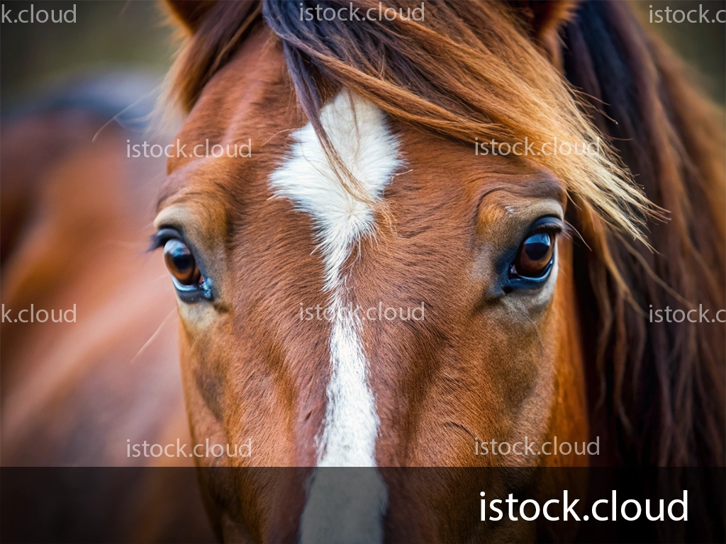 Close-up of a brown horse's face with a white stripe on its forehead, showcasing its expressive brown eyes and flowing mane.