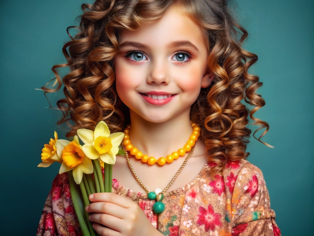 A cheerful young girl with curly hair smiles brightly while holding a bouquet of yellow daffodils. She wears a colorful floral dress and layered necklaces.