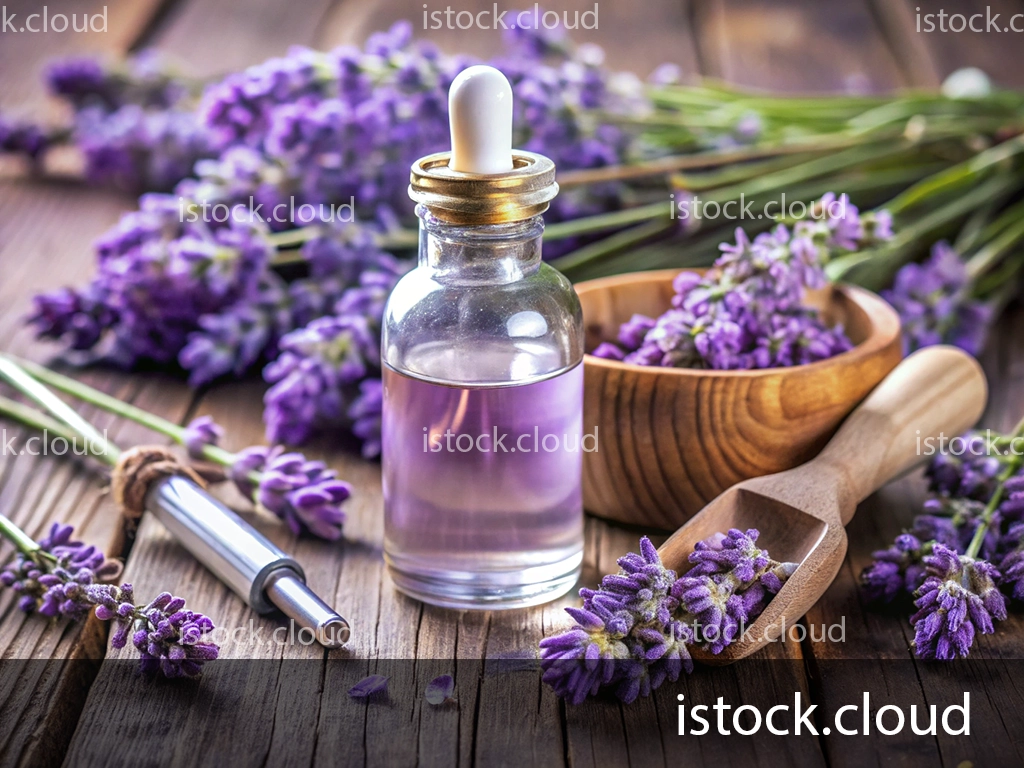 A glass dropper bottle filled with lavender essential oil sits on a rustic wooden surface, surrounded by fresh lavender flowers. A wooden bowl contains more lavender blooms, and a small wooden scoop rests nearby, also filled with lavender.