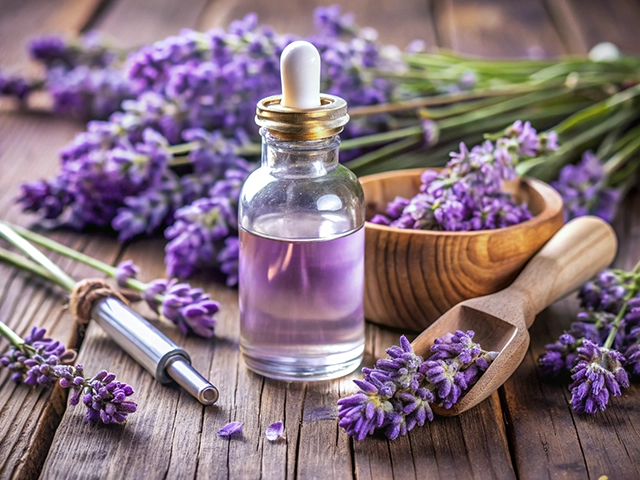 A glass dropper bottle filled with lavender essential oil sits on a rustic wooden surface, surrounded by fresh lavender flowers. A wooden bowl contains more lavender blooms, and a small wooden scoop rests nearby, also filled with lavender.