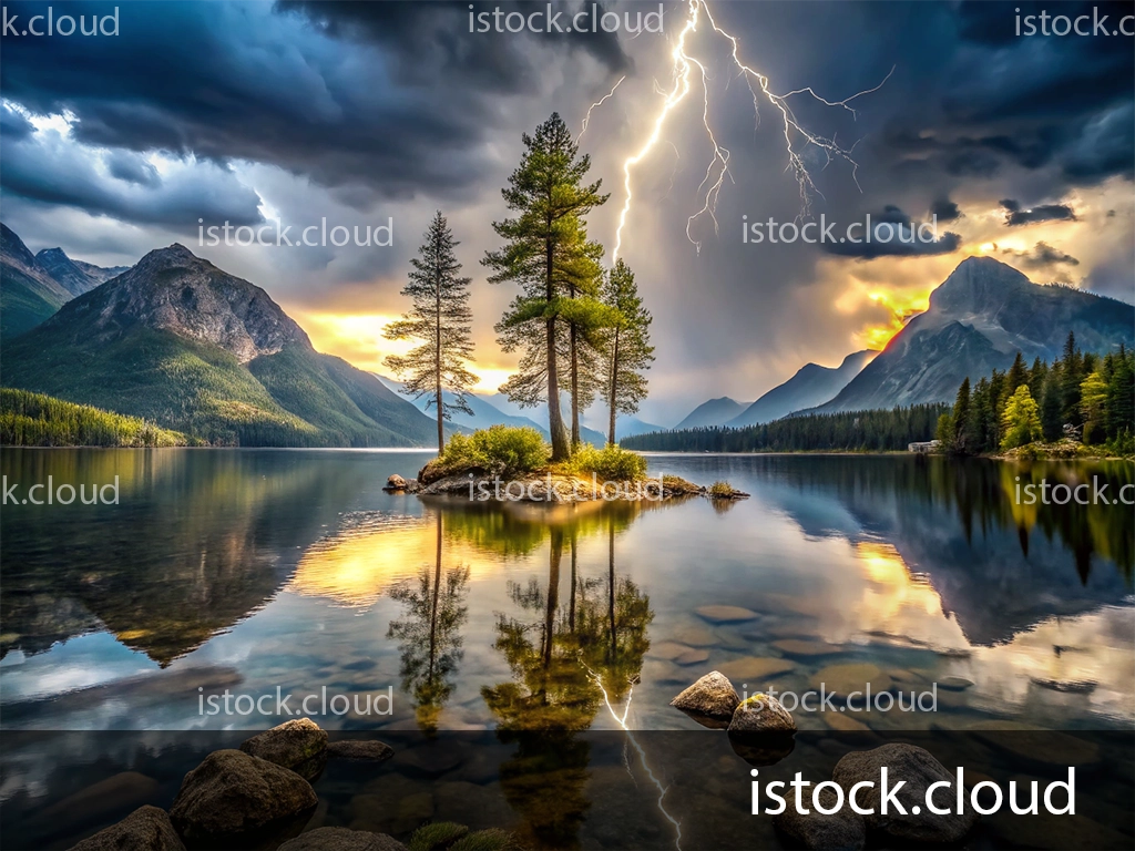 A dramatic landscape showcasing a calm lake reflecting mountains and trees, with a lightning bolt striking down from a stormy sky.