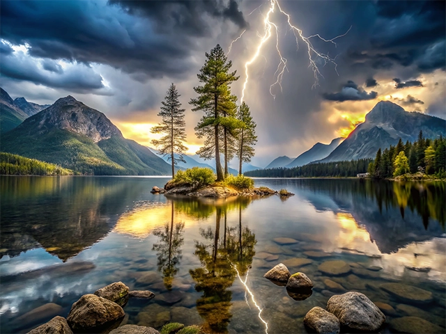 A dramatic landscape showcasing a calm lake reflecting mountains and trees, with a lightning bolt striking down from a stormy sky.