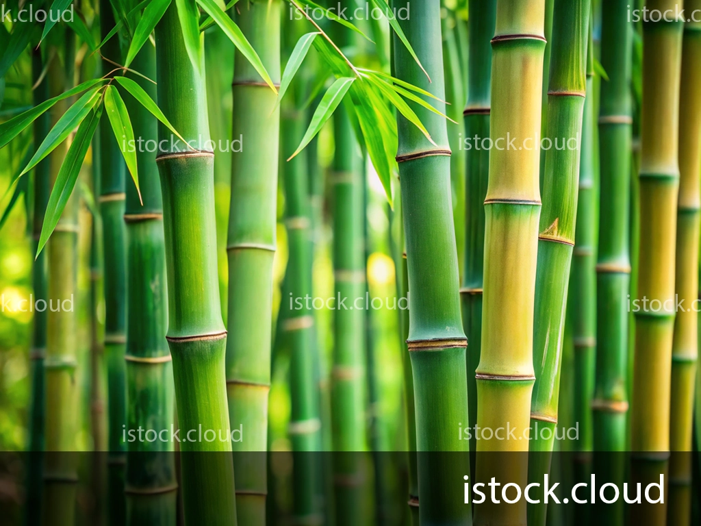 A close-up view of vertical bamboo stalks surrounded by green leaves, showcasing vibrant shades of green and hints of yellow.
