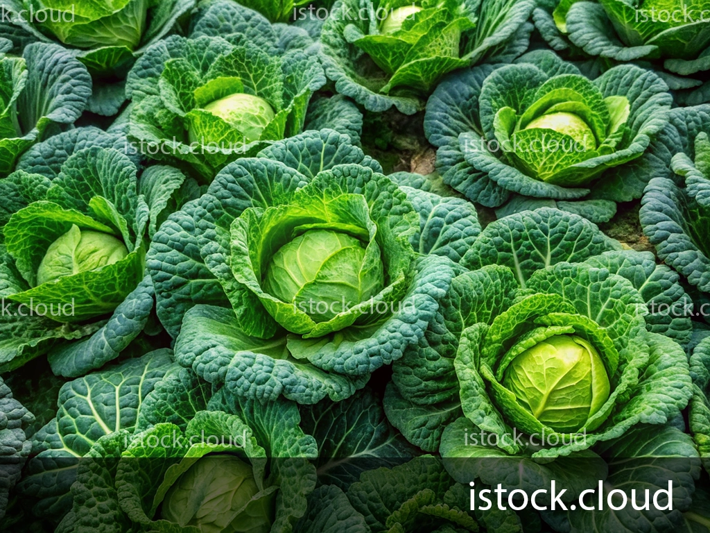 A close-up view of vibrant green cabbage heads growing in a neatly arranged field, showcasing their tightly layered leaves.