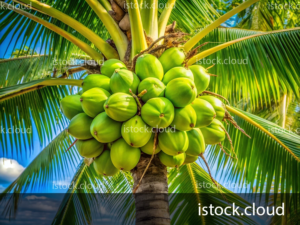 Cluster of green coconuts growing on a palm tree against a bright blue sky.