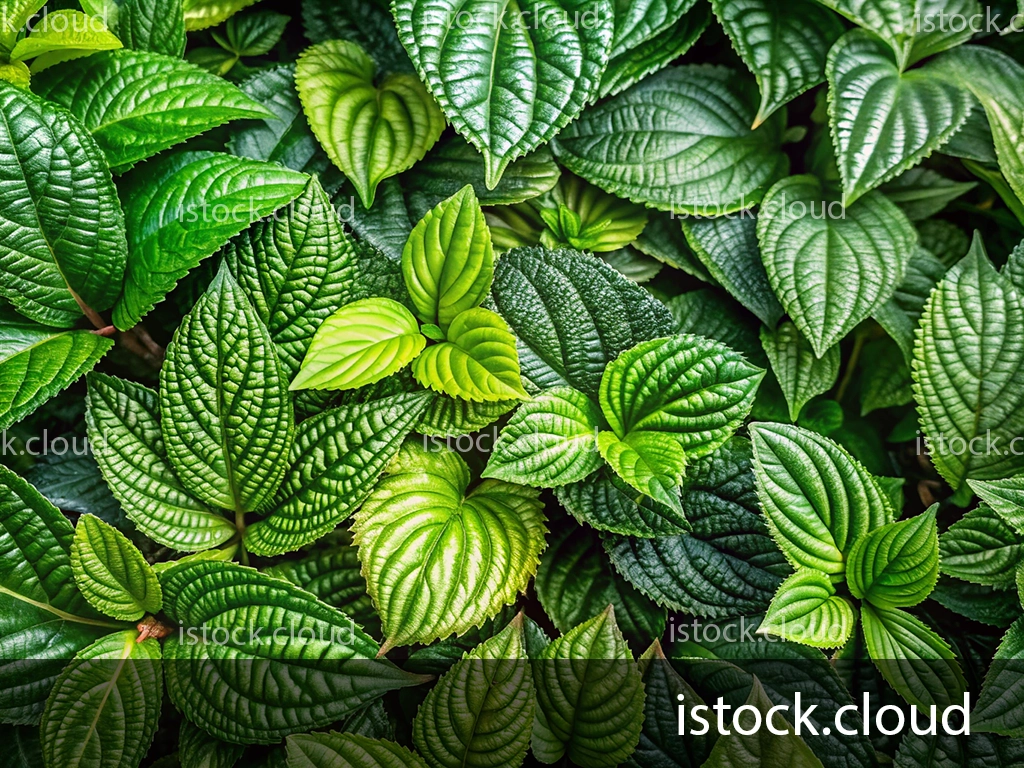 A close-up view of various green leaves with different shapes and textures, ranging from bright lime green to deep forest green. The leaves showcase intricate patterns, with some being smooth and others having a ridged appearance, creating a lush, vibrant arrangement.