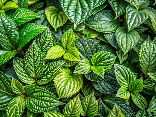 A close-up view of various green leaves with different shapes and textures, ranging from bright lime green to deep forest green. The leaves showcase intricate patterns, with some being smooth and others having a ridged appearance, creating a lush, vibrant arrangement.
