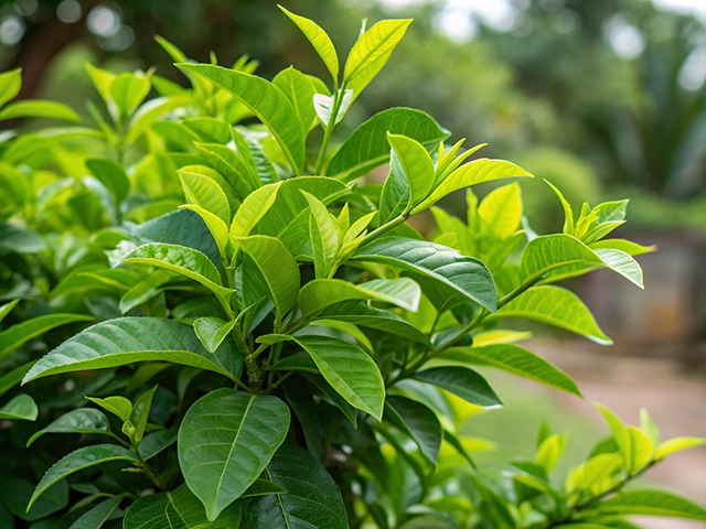 A close-up view of vibrant green leaves on a bush, showcasing their glossy texture and varying shapes. The background is softly blurred, revealing a lush garden setting.