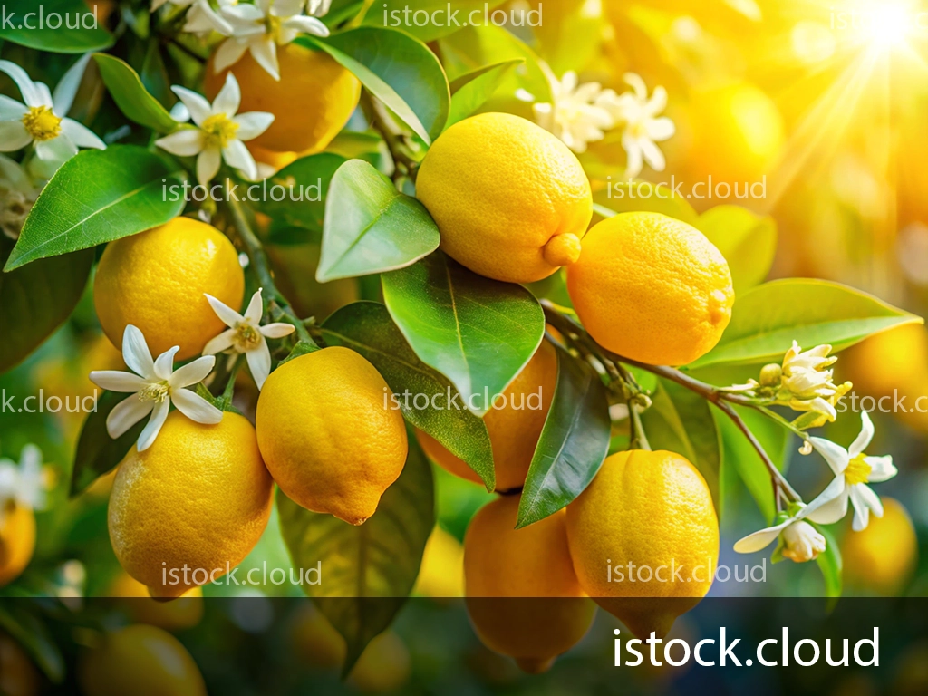 A close-up view of ripe lemons hanging from a lemon tree, surrounded by vibrant green leaves and delicate white blossoms. Sunlight filters through, creating a warm glow.