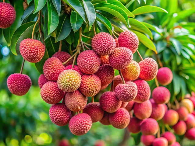 A cluster of ripe lychee fruits hangs from a tree branch. The lychees are round with a bumpy red skin, some showing a hint of yellow. Lush green leaves surround the fruits, creating a vibrant natural setting.