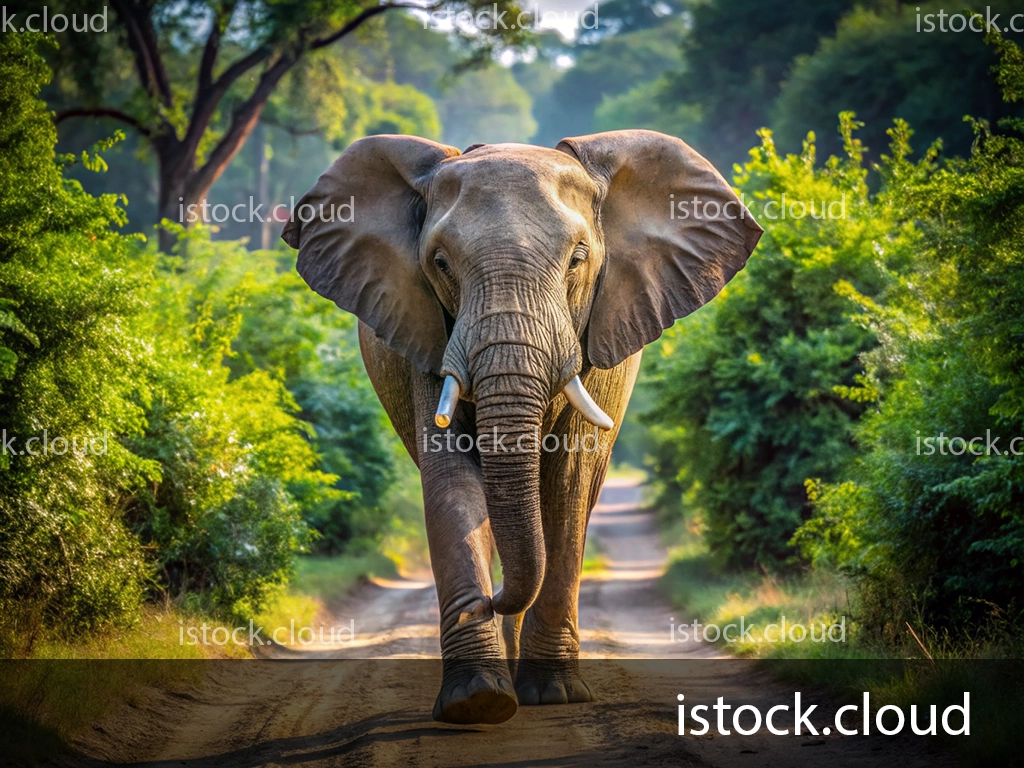 A large African elephant walking down a dirt path surrounded by lush greenery. The elephant appears calm and majestic, showcasing its impressive tusks.