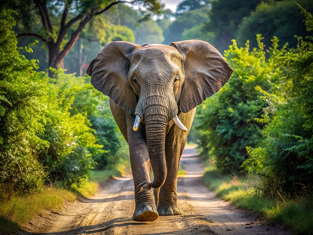A large African elephant walking down a dirt path surrounded by lush greenery. The elephant appears calm and majestic, showcasing its impressive tusks.