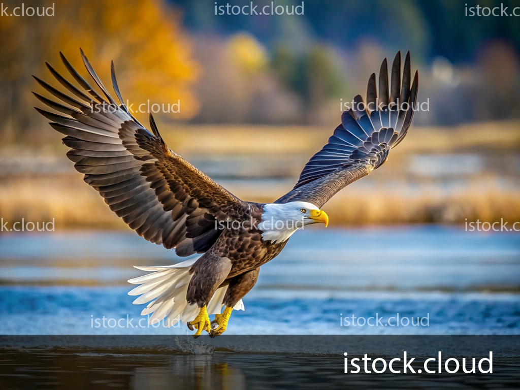 A majestic bald eagle with a white head and tail feathers is soaring gracefully over a calm body of water. Its wings are extended wide, showcasing a blend of dark brown and white plumage. The background features golden autumn foliage and blurred green trees, enhancing the serene natural setting.