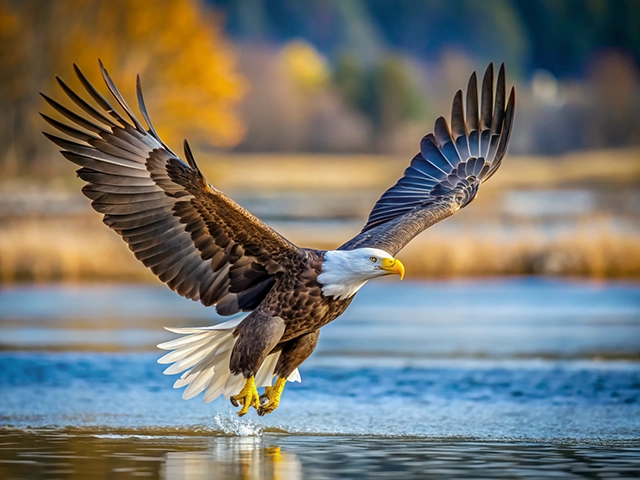A majestic bald eagle with a white head and tail feathers is soaring gracefully over a calm body of water. Its wings are extended wide, showcasing a blend of dark brown and white plumage. The background features golden autumn foliage and blurred green trees, enhancing the serene natural setting.