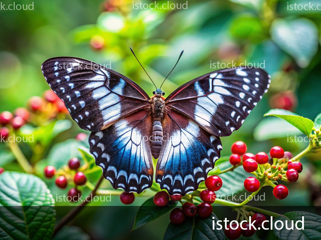 A close-up of a colorful butterfly perched on clusters of red berries, surrounded by lush green leaves.