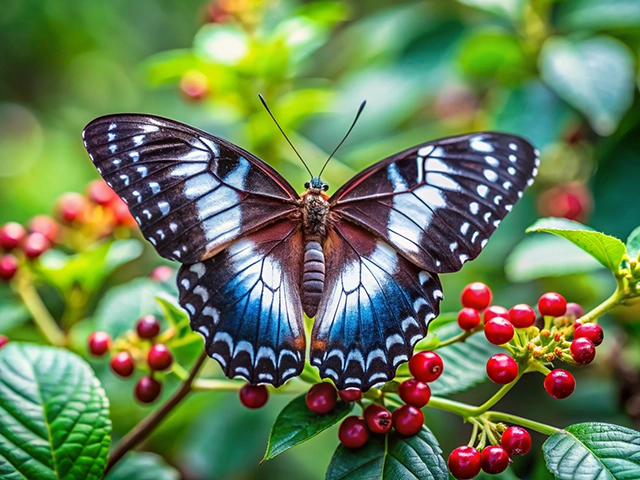 A close-up of a colorful butterfly perched on clusters of red berries, surrounded by lush green leaves.