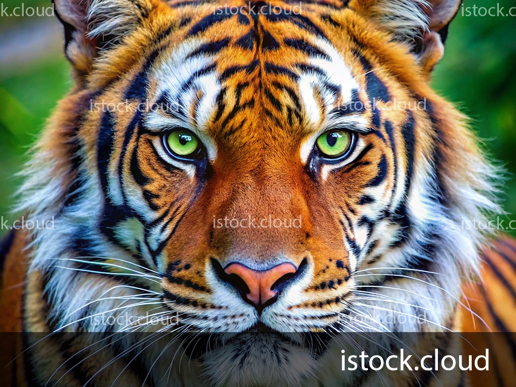 A striking close-up of a tiger's face, showcasing its vibrant orange fur, bold black stripes, and piercing green eyes, set against a blurred green background.