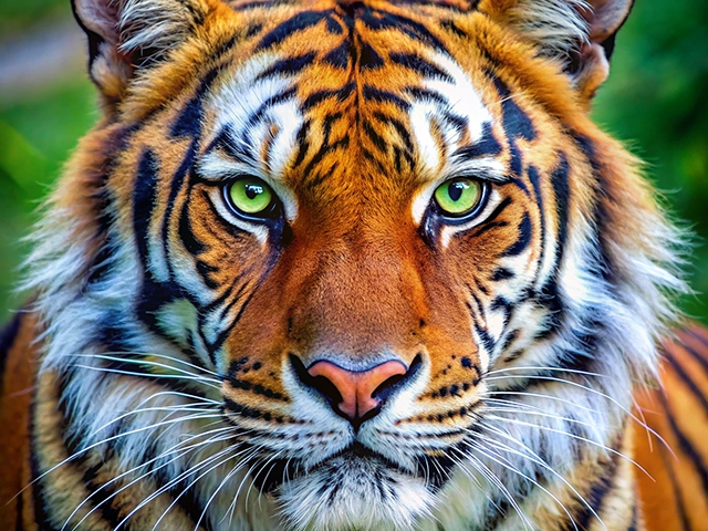 A striking close-up of a tiger's face, showcasing its vibrant orange fur, bold black stripes, and piercing green eyes, set against a blurred green background.