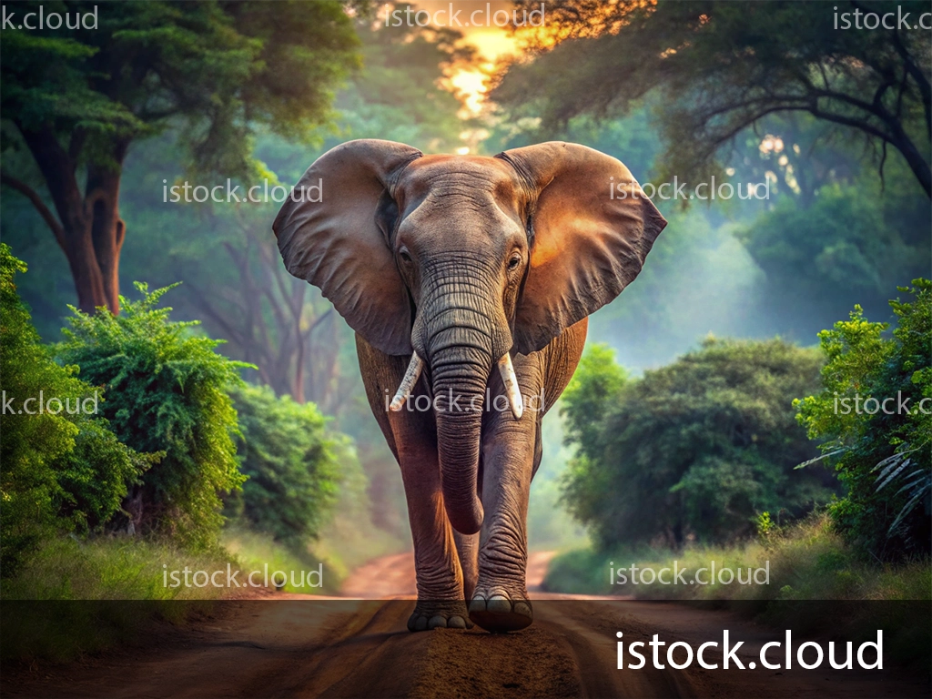 An elephant walking towards the camera along a dirt path, surrounded by vibrant green foliage and trees, with a soft golden light illuminating the scene.