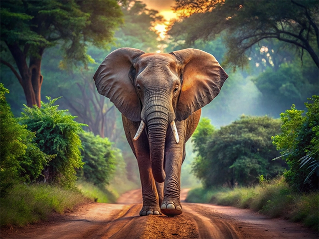 An elephant walking towards the camera along a dirt path, surrounded by vibrant green foliage and trees, with a soft golden light illuminating the scene.