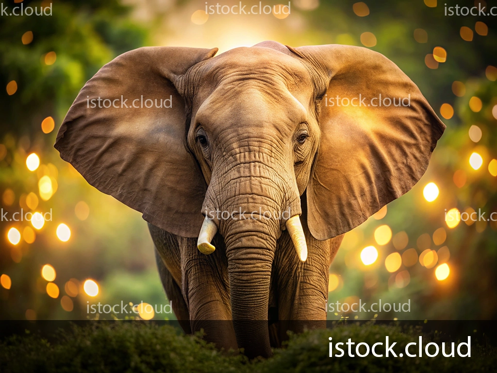 A close-up of an elephant standing among greenery, with a blurred background of golden bokeh lights, highlighting its impressive features and tranquil presence.
