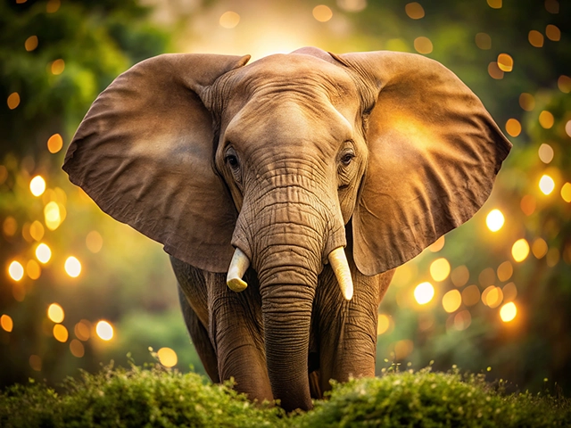 A close-up of an elephant standing among greenery, with a blurred background of golden bokeh lights, highlighting its impressive features and tranquil presence.